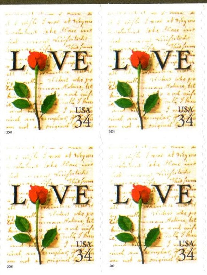 May include: Four vintage-style US postage stamps with a red rose and the word "LOVE" on each. The stamps are from 2001 and have a face value of 34 cents.