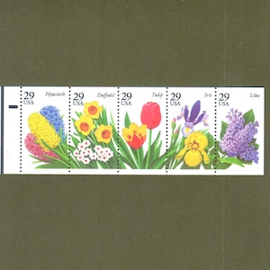 5 Vintage Unused Spring Garden Flowers 29 Cents Each US Postage Stamps - Lilac, Tulip, Iris, Daffodil, Hyacinth - Scotts# 2764