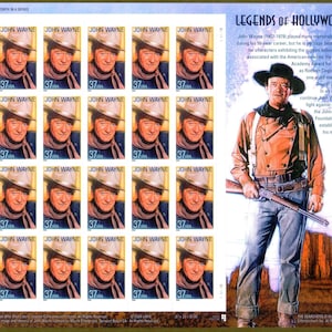 May include: A sheet of postage stamps featuring John Wayne, each with a portrait and the text "37 USA." A larger illustration of Wayne in a cowboy outfit with a rifle is on the right, with text about his career.