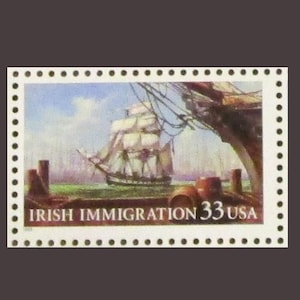 May include: A postage stamp featuring a sailing ship on the water with a blue sky background. The stamp reads "IRISH IMMIGRATION 33 USA" in a serif font. The stamp has a white border with black dots.