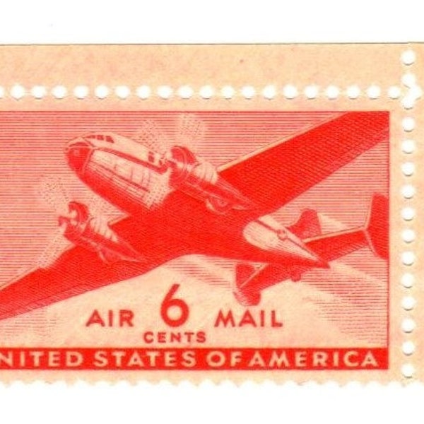 US Airmail Stamp Twin Motor Transport Plane 6 Cent Air Mail Stamp Mint Never Hinged - Issued 1941 - XF Condition Scotts #C25