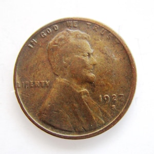 Vintage 1927-S Lincoln Penny Copper Wheat One Cent Penny Full Date, Good+ Condition, Circulated Penny - Collectible Coin - US America Coin