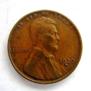 Vintage 1930-D Lincoln Penny Copper Wheat One Cent Penny Full Date, Good+ Condition, Circulated Penny - Collectible Coin - US America Coin