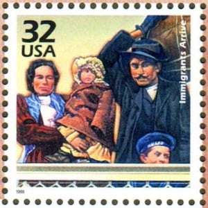 May include: A vintage-style US postage stamp featuring a family of immigrants arriving in America. The stamp is 32 cents and has the text "Immigrants Arrive" on the right side. The stamp is dated 1998.