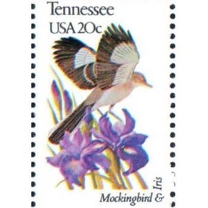 Vintage Unused Tennesse State Purple Iris Flower and Mockingbird 20 Cent US Postage Stamps - Scotts 1994 Junk Journaling, Wedding, Scrapbook