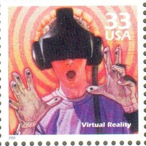 May include: A vintage US postage stamp featuring a person wearing a virtual reality headset. The person is wearing a purple and white striped shirt and has their hands raised in the air. The stamp is red, orange, and yellow with the text "33 USA" and "Virtual Reality" printed on it.