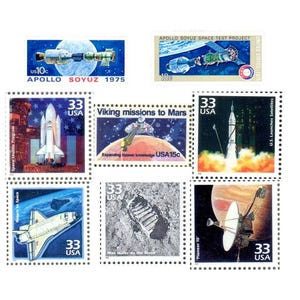 8 Vintage Unused Space Stamps - US Launches Satellites, Walk on Moon, Space Shuttle, Return to Space, Pioneer 10, Viking to Mars, Apollo