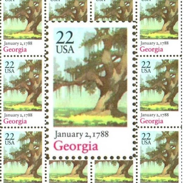 5 Unused US Postage 22 Cent Statehood Stamps featuring Georgia's Iconic Live Oak Tree and Spanish Moss- Vintage Marketplace US