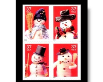 Vintage Unused 4 Different Christmas Holiday Snowman US Postage Stamps - 37 Cent Stamps - Scotts# 3676-79 - Seasons Greetings
