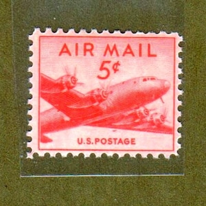 Vintage Unused US Airmail Stamp DC-4 Skymaster Airplane 5 Cent Mint Condition Never Hinged - Issued 1947 - Scotts C33 - Collectible US Stamp