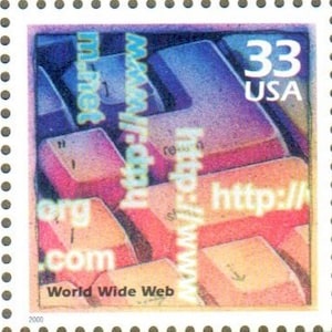 May include: A US postage stamp with a 33 cent value, depicting a colorful keyboard with the text "http://www", "m.net", "org", and ".com" on the keys. The stamp also includes the text "World Wide Web" and "USA".