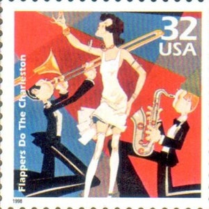 May include: A vintage-style illustration of three people playing musical instruments. A woman in a white dress plays a trombone, a man in a black suit plays a saxophone, and another man in a black suit plays a trumpet. The stamp is red, blue, and yellow with the text "Flappers Do The Charleston" and "32 USA".