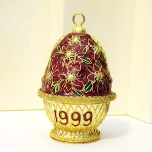 Vintage Cloisonne Red Poinsettia Basket Holiday Christmas Ornament 1999 Multi Color Metal Enamel and Gold Filigree Storage Box Included