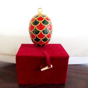 Vintage Cloisonne Multicolored Red and Black Holiday Christmas Egg Shape Ornament Metal Enamel with Gold Filigree - Storage Box Included