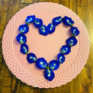May include: A pink plate with a scalloped edge features a heart shape made of blue butterfly pea flowers.