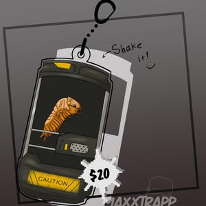 Puede incluir: Ilustración de un contenedor cilíndrico con una criatura dentro. El contenedor es negro y gris con detalles amarillos y la palabra "CAUTION". El texto "Shake it!" está escrito encima del contenedor.