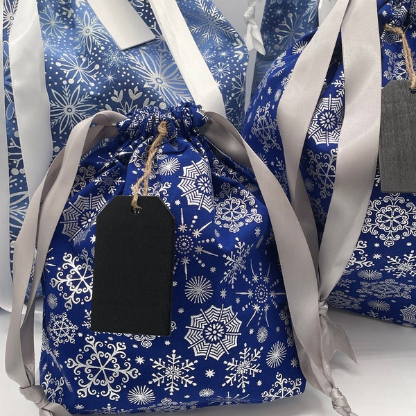 Hanukkah | Christmas | Holiday | Sparkle Snowflake Eco Friendly Drawstring Bag with Reusable Chalkboard Tag | Sustainable Bag