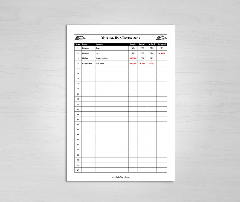 Moving Box Inventory Excel Printable Checklist and Spreadsheet to