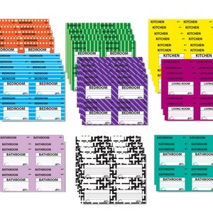 May include: A set of 10 room labels for organising a home. The labels are printed on colourful paper with different patterns and include the words "Bedroom", "Bathroom", "Kitchen", and "Living Room".
