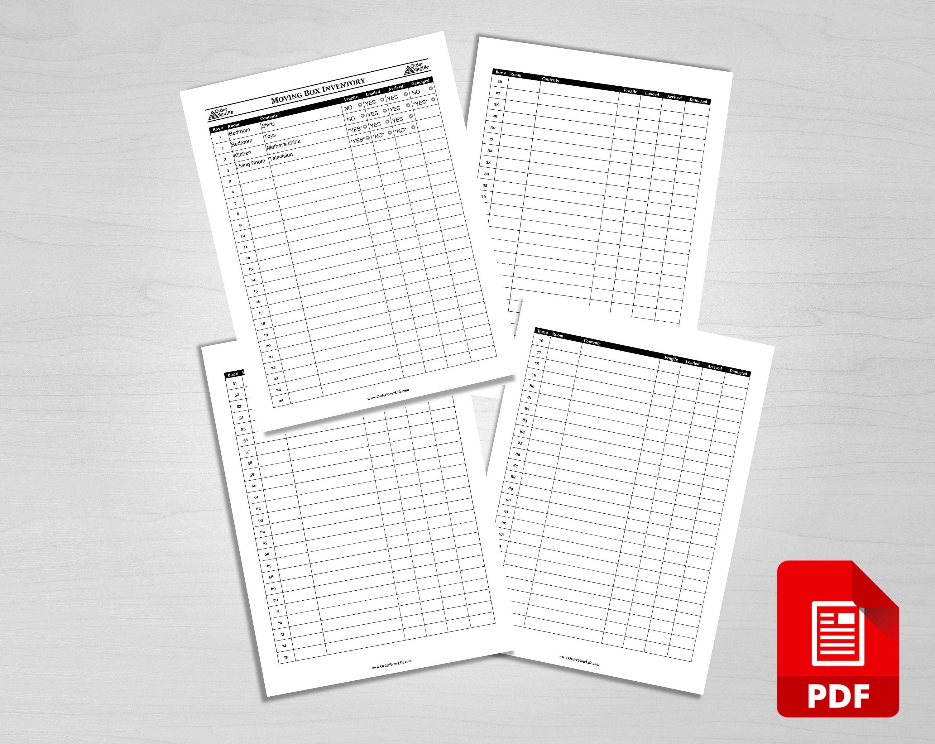Moving Box Inventory PDF: Printable Checklist With Dropdown List to ...