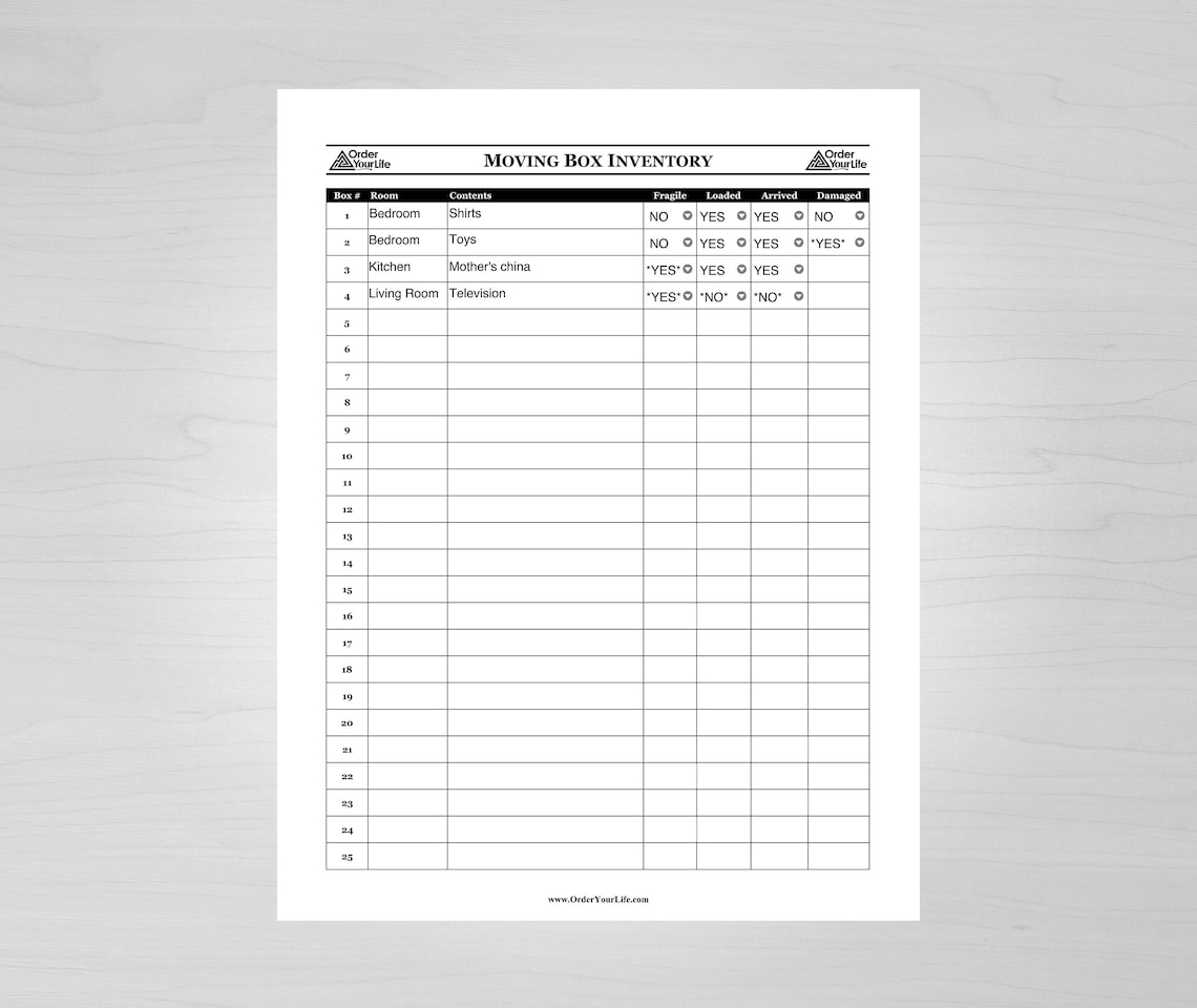 Moving Box Inventory PDF Printable Checklist With Dropdown List to