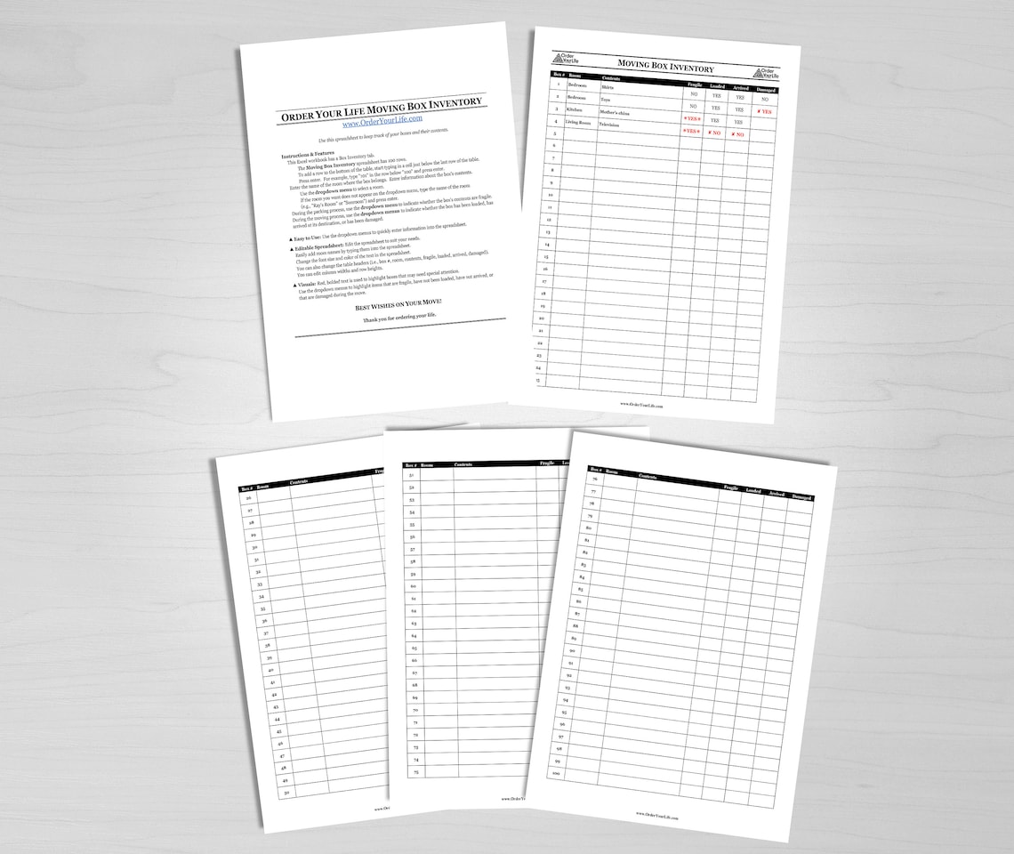 Moving Box Inventory Excel Printable Checklist and Spreadsheet to Track Your Items During Your