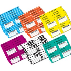 May include: A set of colorful room labels with different room names, including "Bedroom", "Kitchen", "Bathroom", and "Living Room". The labels are printed on white paper with black text and have a simple design.