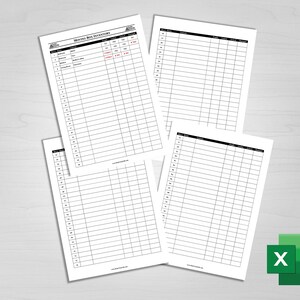 May include: Four blank moving box inventory sheets with columns for box number, contents, quantity, room, and notes. The sheets are printed on white paper and have black text.