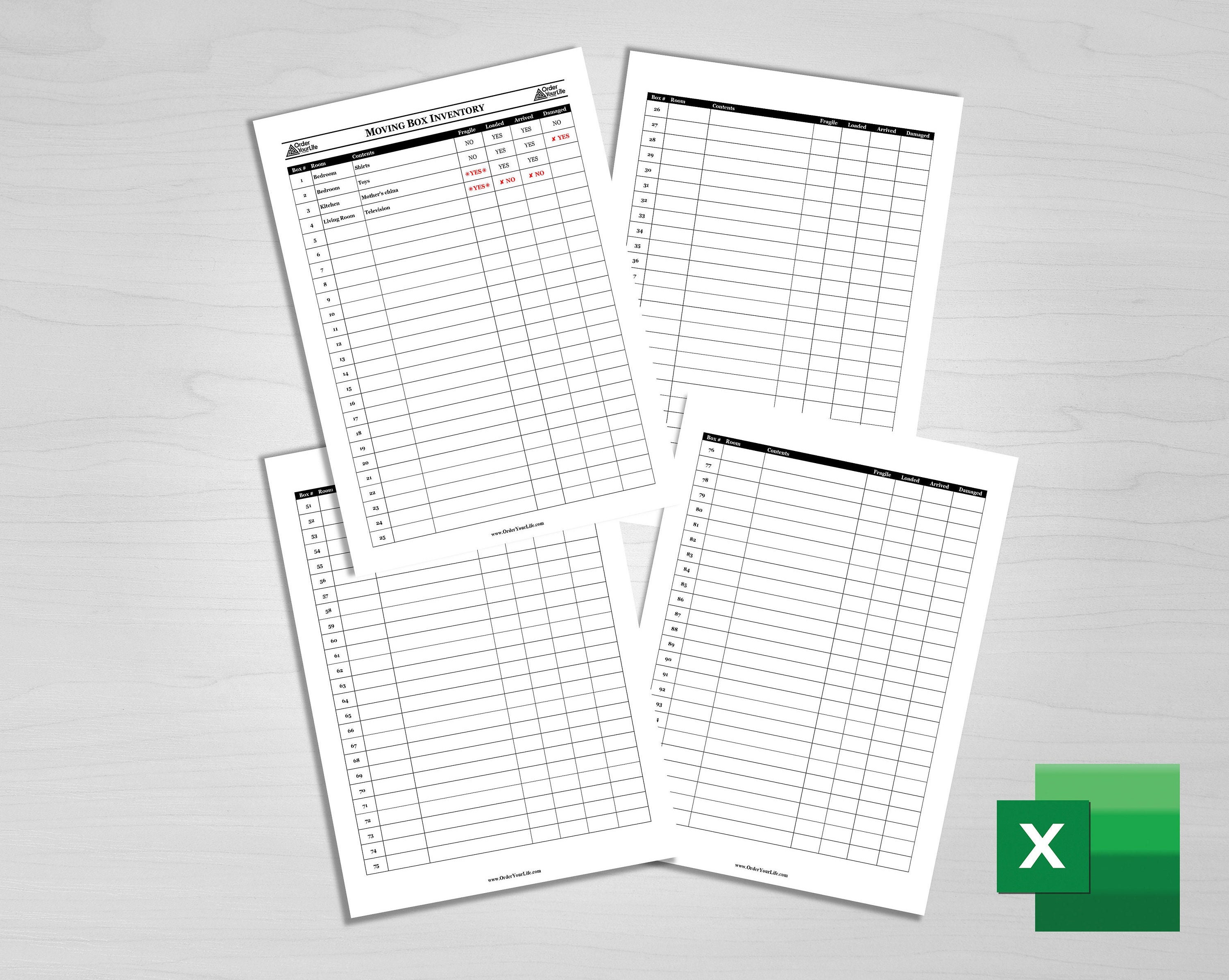 Moving Box Inventory Excel Printable Checklist and Spreadsheet to