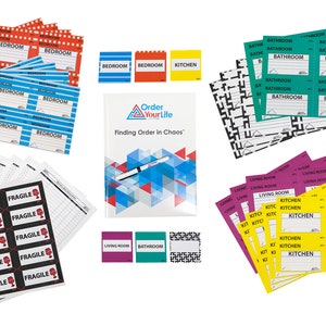 May include: A set of colorful labels for organizing and labeling boxes, drawers, and other items. The labels include room names like "Bedroom", "Bathroom", "Kitchen", and "Living Room", as well as "Fragile" labels. The set also includes a guidebook titled "Finding Order in Chaos".