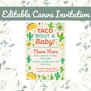 Editable Taco &#39;Bout a Baby Shower Invitation | Fiesta Baby Shower Canva Template | Digital Download | Mexican Theme Baby Shower
