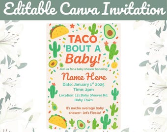 Editable Taco 'Bout a Baby Shower Invitation | Fiesta Baby Shower Canva Template | Digital Download | Mexican Theme Baby Shower