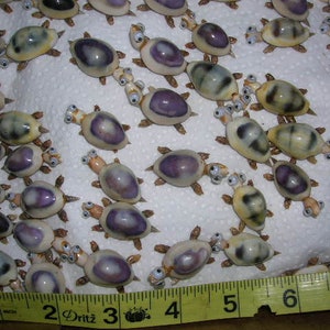 Puede incluir: Una colección de pequeñas figuritas de tortugas de concha de colores con ojos saltones. Las tortugas están dispuestas sobre una superficie blanca con una cinta métrica.
