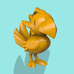 May include: A glossy, golden-yellow bird figurine with a stylized design. The bird has a large beak, a curved neck, and detailed feathers. The figurine is set against a light blue background with a subtle circular design.