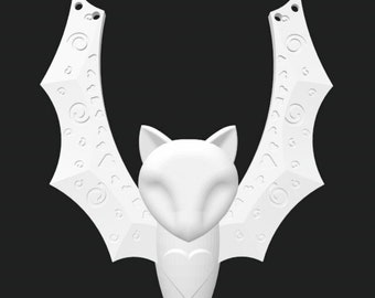 May include: A white pendant necklace featuring a stylized bat design. The pendant has a bat-like silhouette with a fox-like face, heart-shaped detail, and decorative wing patterns. The wings have cut-out holes for attaching to a chain.