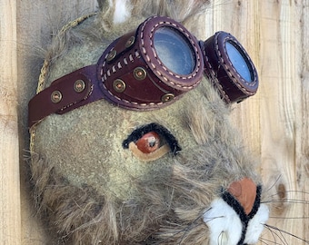 Vintage Biker Hare Head: Leather Goggles, Handmade Animal Wall Decor