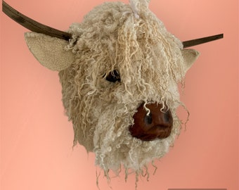 Highland Cow  Leather nose  Bull Head, hand carved  Horns natural sheep wool gift Easy to hang STUNNING Better in real life