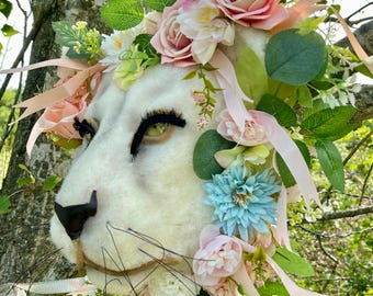 Elsa PINK  & CREAM Lion head beautifully crafted with soft velvet and silk flowers crown Festival summertime wall art whimsical