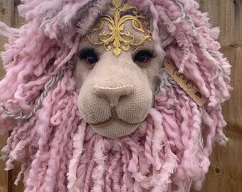Baby Pink Lion Head: Mohair Fur, Gold Embroidery, Girls Bedroom Decor