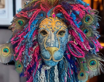 Handmade Lion Head Wall Mount: Peacock Feather Mane, Colorful Wool Decor