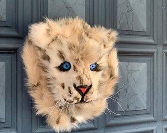 Faux Fur Baby Snow Leopard Cub Head: Crystal Blue Eyes, 13&quot; Wall Decor
