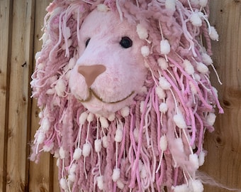 Baby Pink Lion Head: Mohair Fur, Girls Bedroom Decor