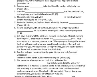 May include: A worksheet with a table and numbered sentences. The table has the words "strengthens", "love", "burdens", "redeemed", "refuge" as column headers. The sentences are about faith, hope, and love.