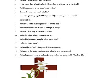 May include: A printable Easter trivia quiz with 15 questions about the story of Jesus Christ. The quiz is decorated with a red cross and white lilies.