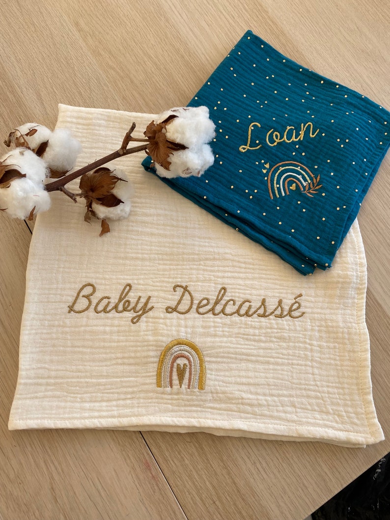 Lange bébé personnalisé en double gaze ,cadeau de naissance, baptême, image 4