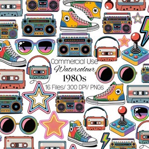 May include: A colorful digital illustration featuring 1980s-themed elements. The image includes boomboxes, cassette tapes, high-top sneakers, sunglasses, headphones, and a joystick. The text "Commercial Use Watercolour 1980s" is also present.