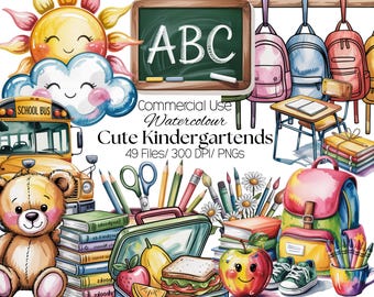 May include: A digital collection of watercolor school-themed illustrations featuring a yellow bus, a teddy bear, backpacks, a chalkboard with ABC text, books, a lunchbox with food, an apple, crayons, and art supplies for commercial use.