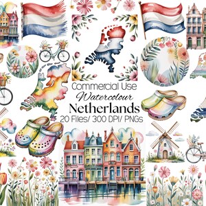 20 Nederländska Clipart PNG, Akvarell Väderkvarn, Tulpaner, Träskor, Cykel, Nederländsk Flagga, Karta, Kommersiellt Bruk
