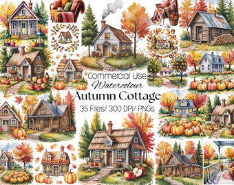 Autumn Cottage Watercolor Clipart, Rustic Homes, Pumpkins