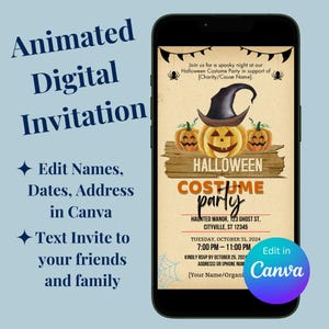 Digitale geanimeerde uitnodigingen voor Halloween | Bewerkbare video-uitnodiging voor mobiel Sms- en afdrukbare feestuitnodigingen | Directe download van 5 x 7 tekst